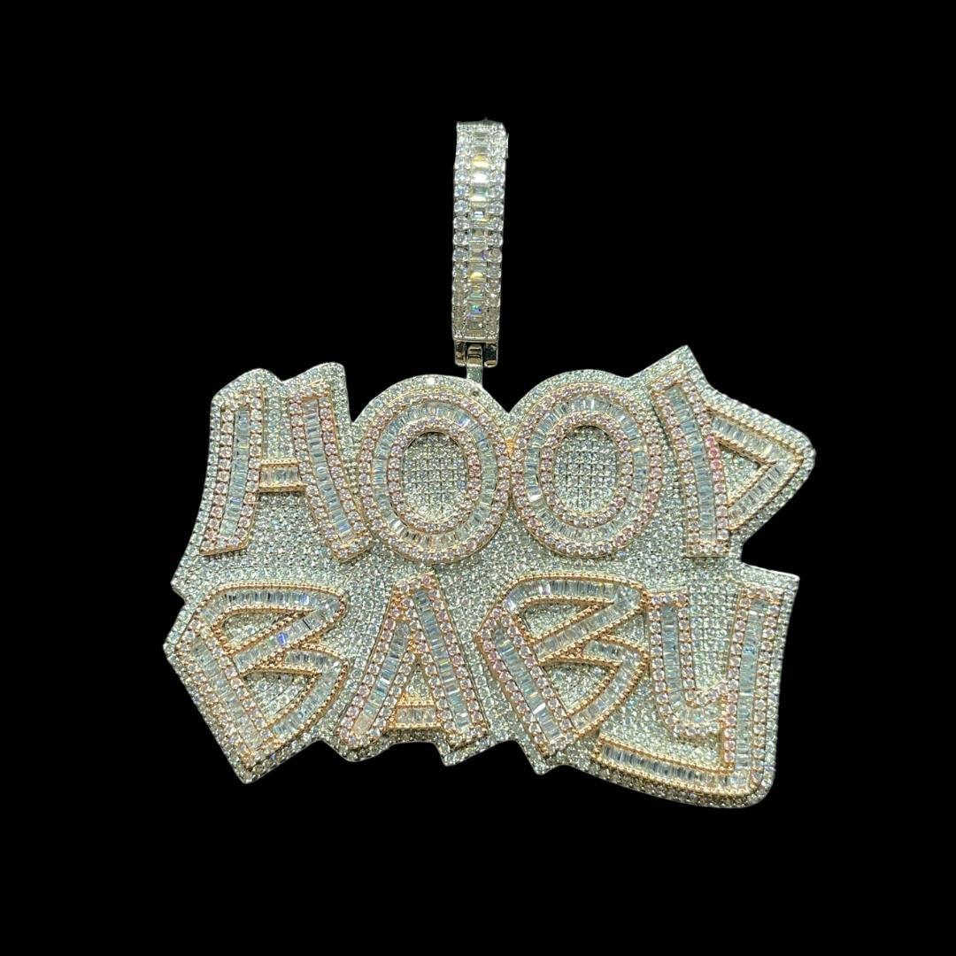 Hood Baby Duo Color Iced Out Letter Pendant Necklace – Custom Hip Hop Jewelry for Men & Women - CaratixJewelry